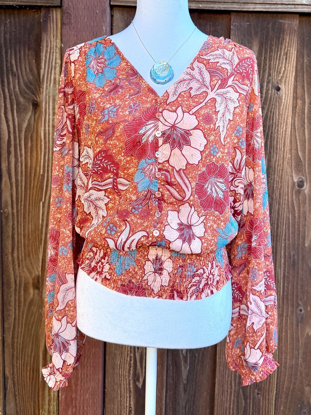 Joie Metallic Floral Smocked Blouse Rust Gold Lurex Boho S